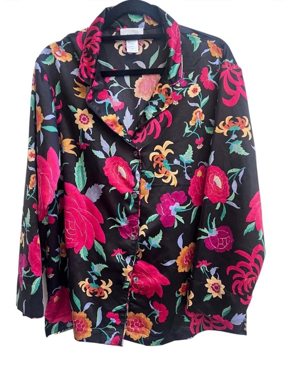 Natori Satin Pajama Top Button down Sz XL Floral Pattern Black Long Slv